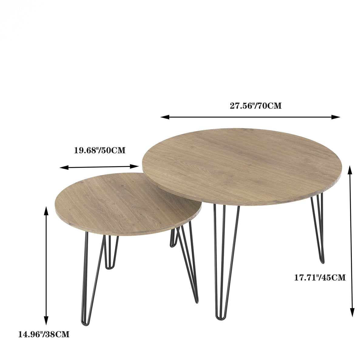 Round nesting coffee table set of 2 with dark wood-look surfaces and black metal legs