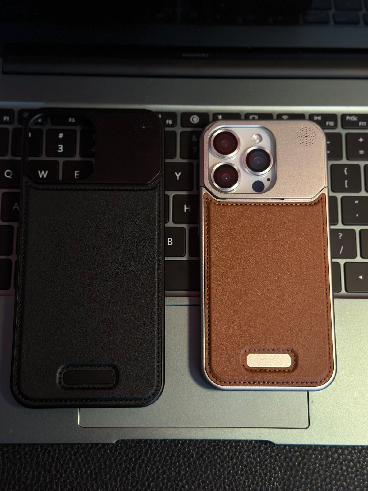 Magnetic aromatherapy phone cases, brown and black leather-style backs with camera cutouts
