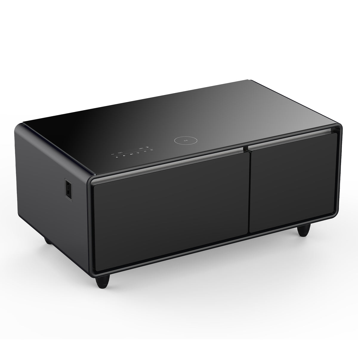 Black smart coffee table front view with touch panel on top and two cabinet doors