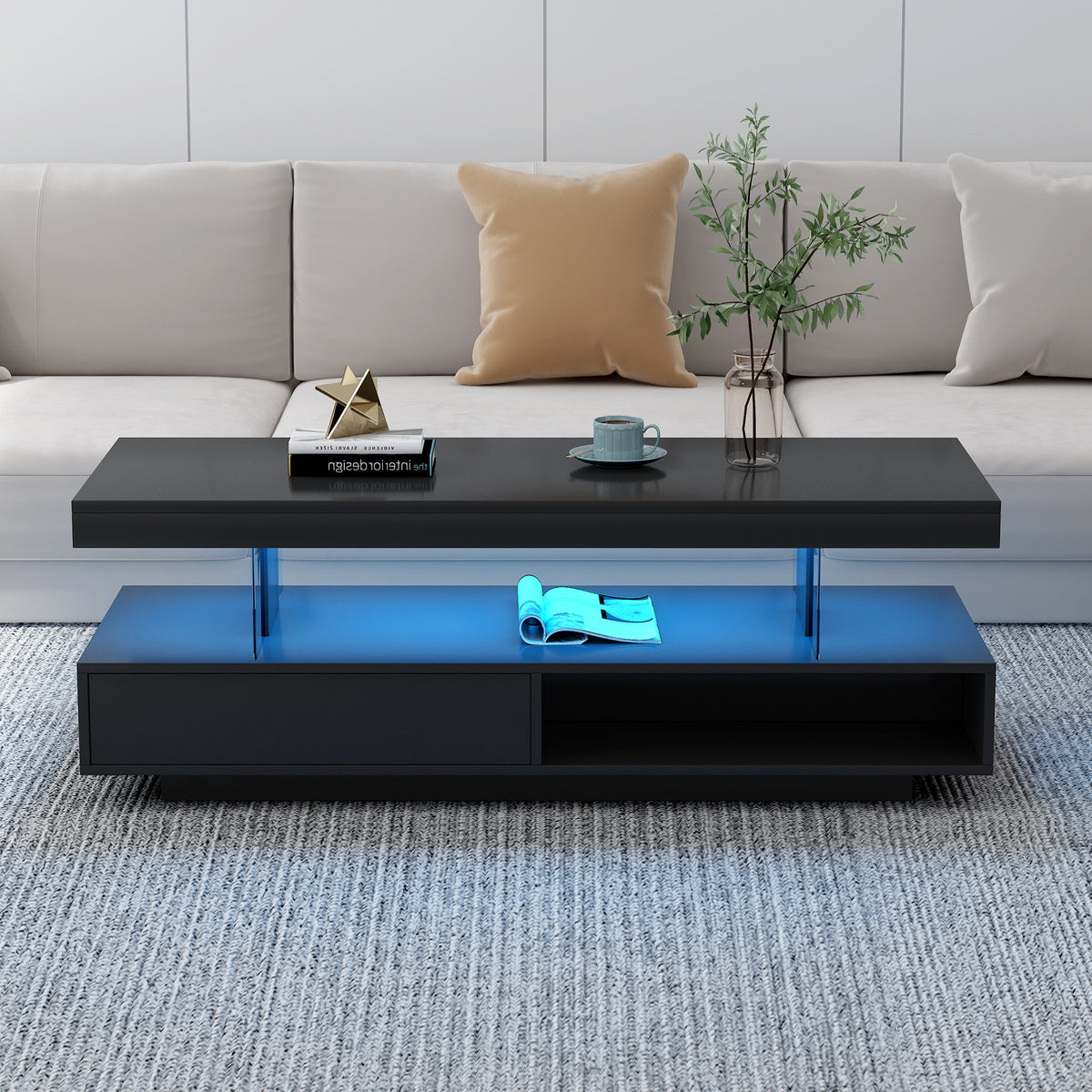 Black LED coffee table with blue-lit storage shelf and two closed drawers, rectangular top