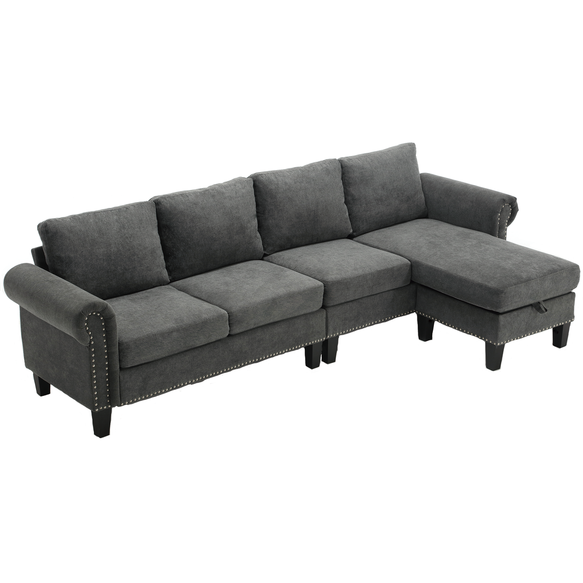Gray L-shaped sectional sofa with chaise extension and studded trim on arms