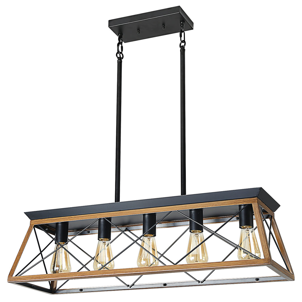 Rectangular 5-light chandelier with black canopy, hanging rods, and walnut wood frame