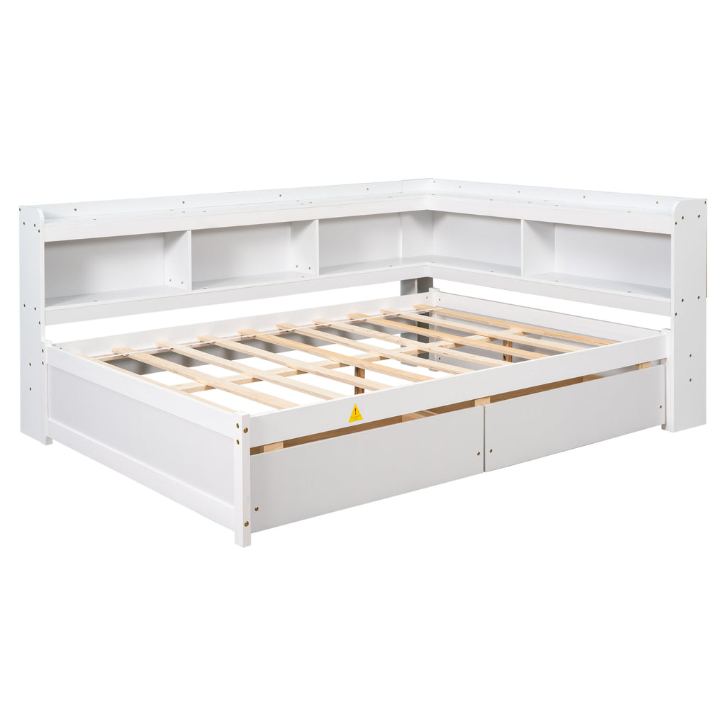 White full bed frame with storage drawers and exposed wooden slat mattress base