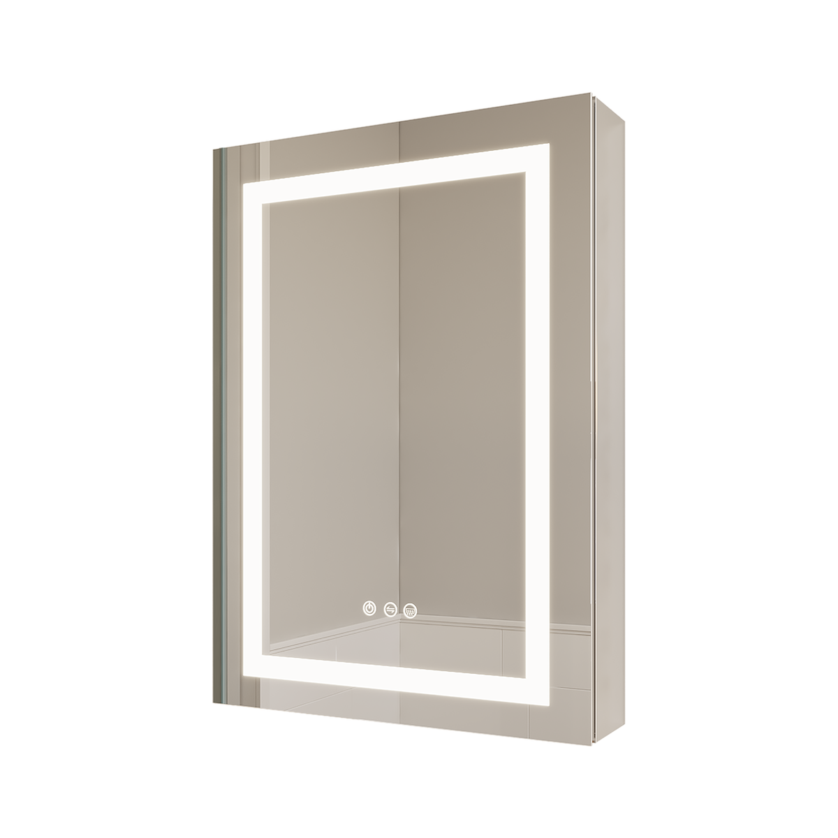 LED bathroom medicine cabinet with illuminated anti-fog mirror, single door, silver frame