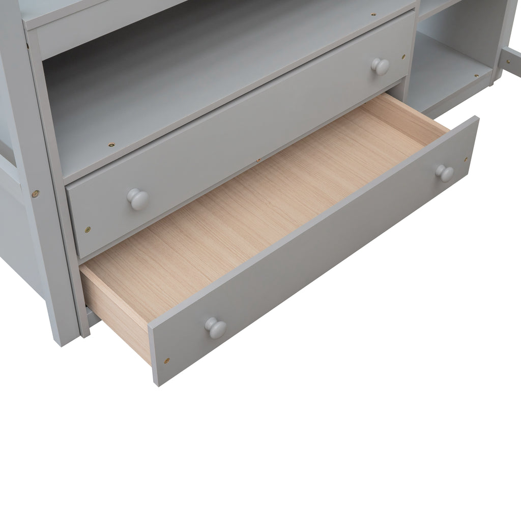 Built-in drawers on gray loft bed, light wood drawer base with round pulls