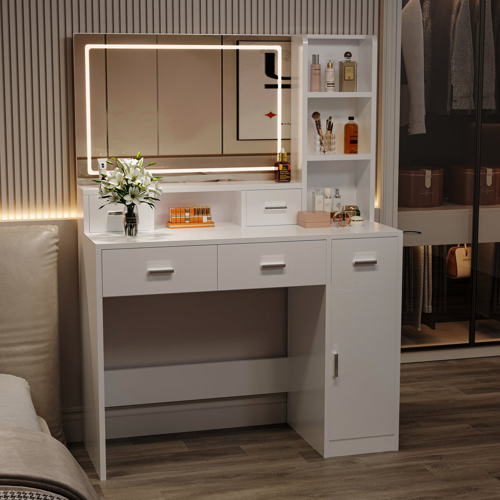 White dressing table with backlit mirror, drawers, and open shelf storage