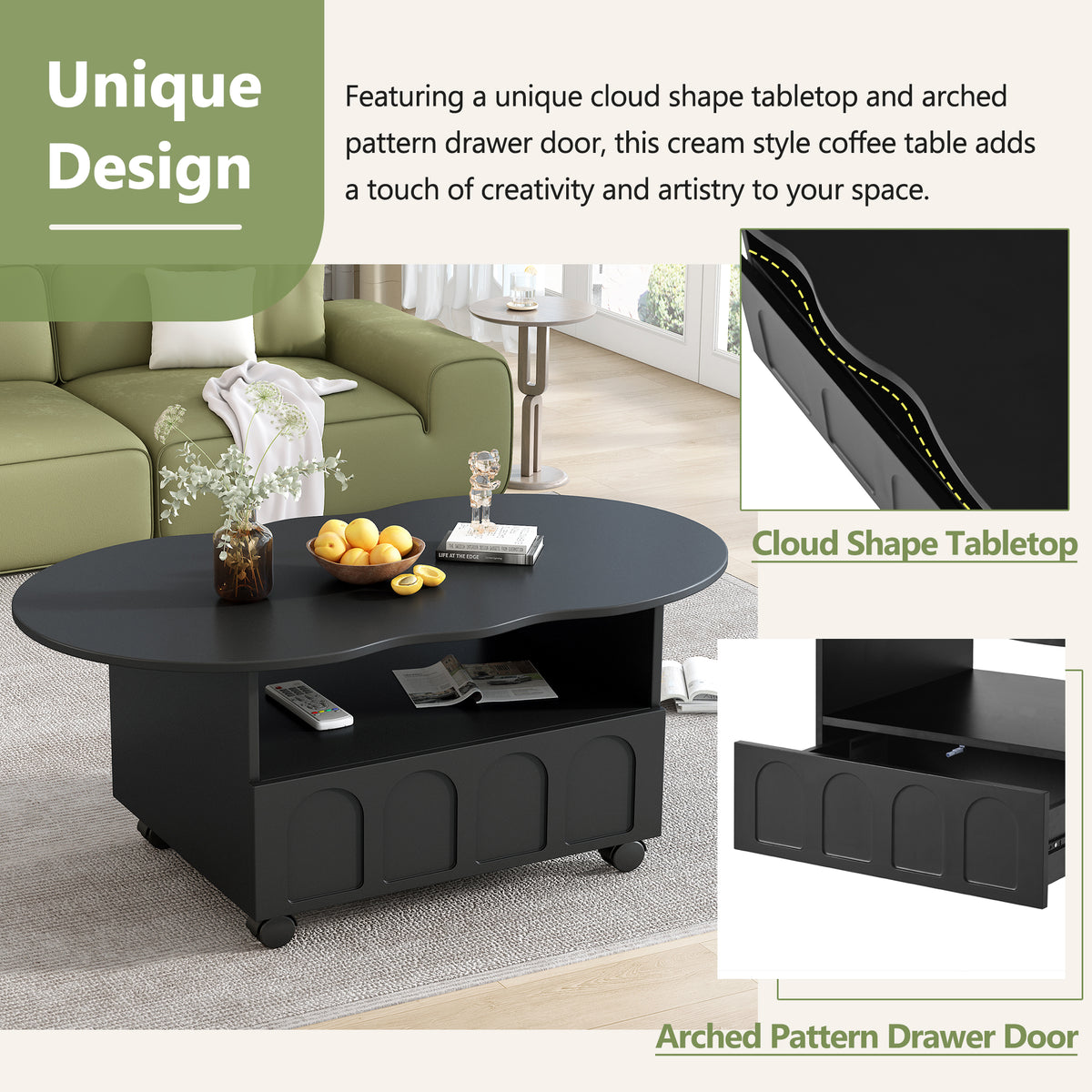 Black coffee table with arched drawer door design and cloud-shaped tabletop