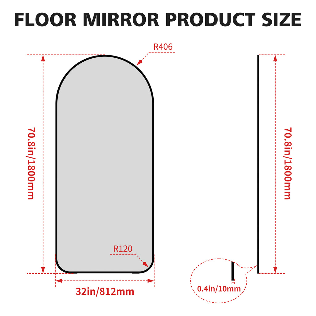 Arched floor mirror size diagram with rounded top and bottom corners