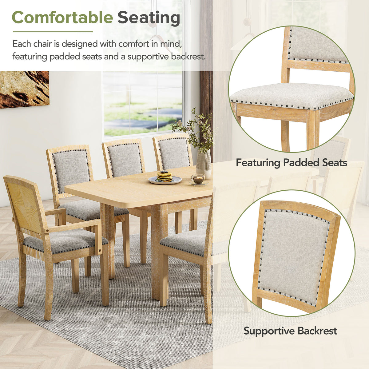 Dining table set with chairs featuring padded seats and supportive backrests