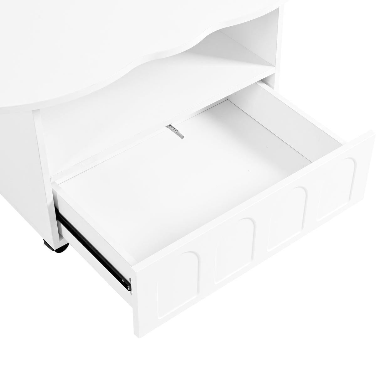White coffee table with drawer/storage compartment open, showing sliding access rails