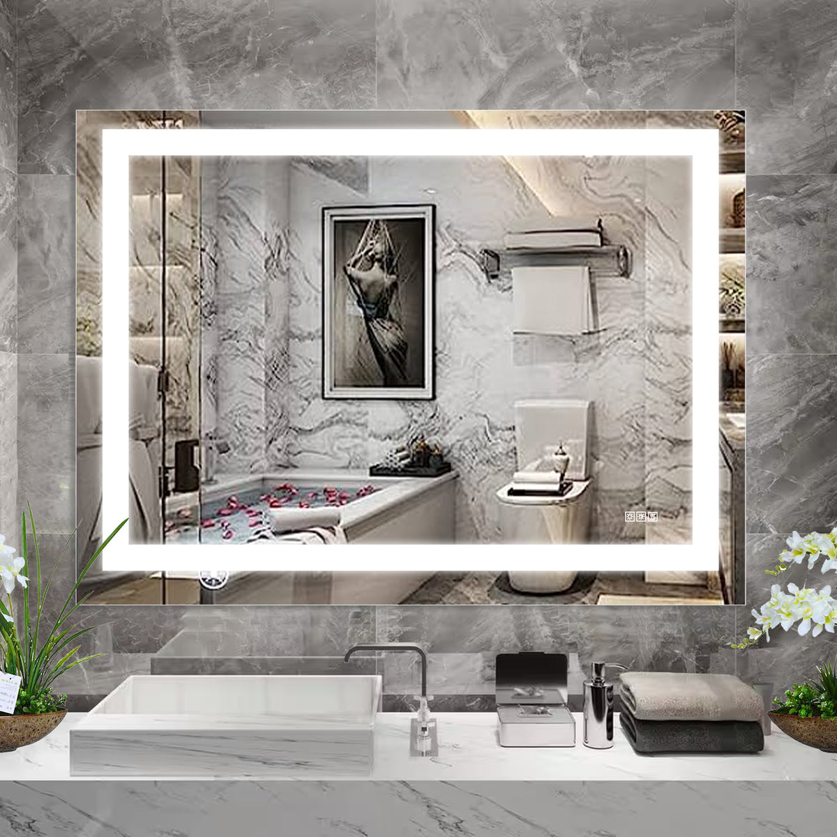 LED bathroom vanity mirror with perimeter lighting and silver frame, anti-fog glass