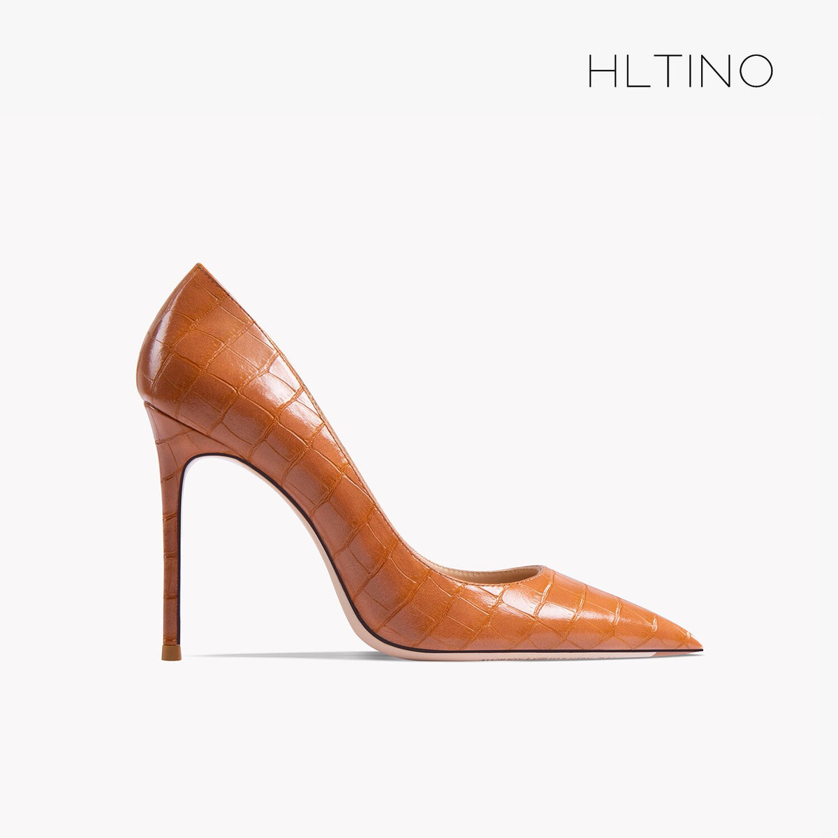 Brown patent leather pointed-toe high heel shoe, thin stiletto heel, croc texture single