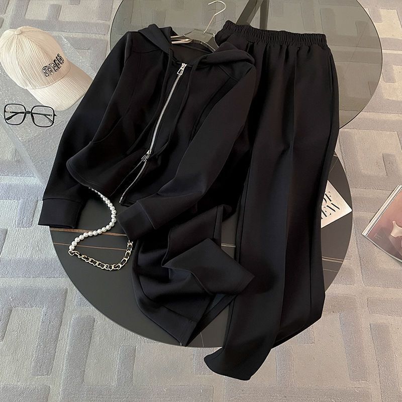 Black hooded open-front zip top with wide-leg drawstring pants set