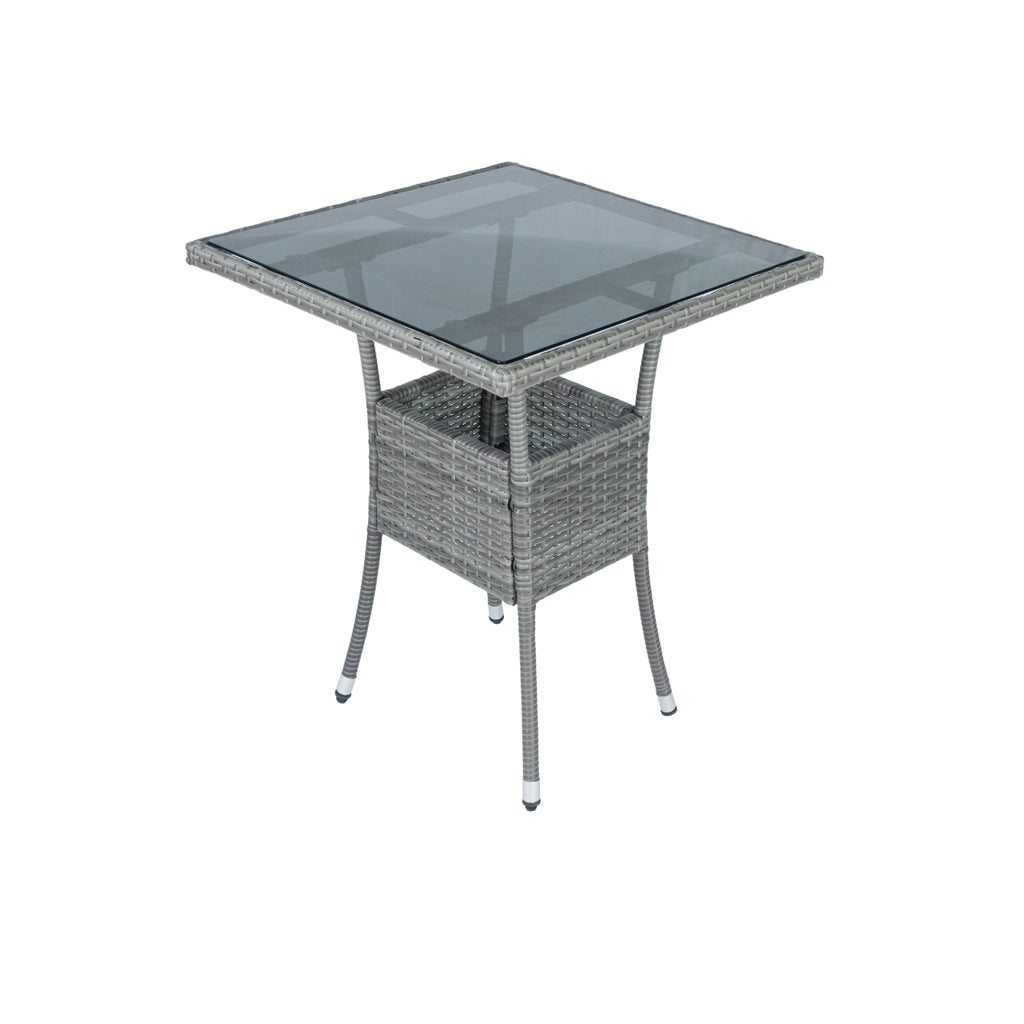 Gray wicker side table with clear glass top