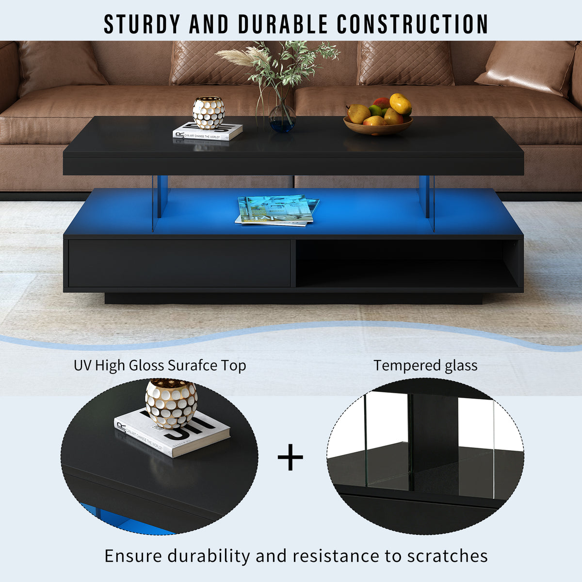 Black LED coffee table with blue LED glow, glossy top, and tempered glass insert