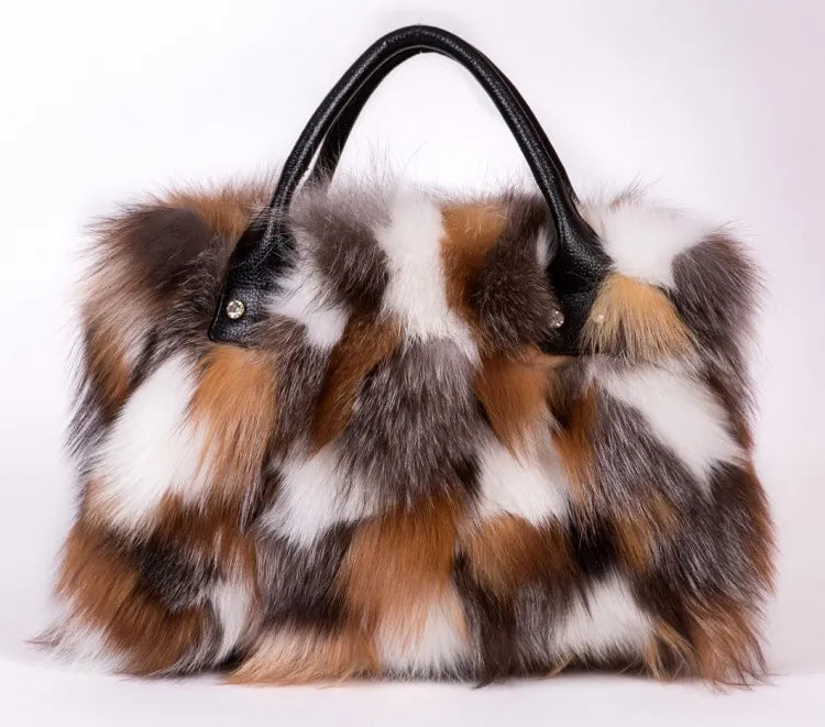 Multicolored faux fur handbag with black leather handles and top clasp