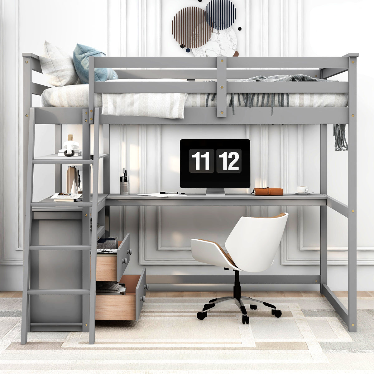 Gray full-size loft bed with desk, open shelves, and built-in drawers