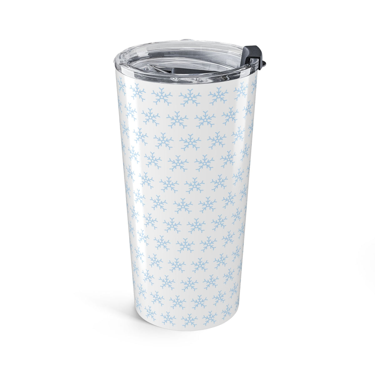 20oz insulated tumbler with clear lid and black handle clip, light blue snowflakes