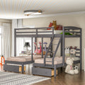 Gray triple bunk bed with ladder and drawers, open shelving at the side