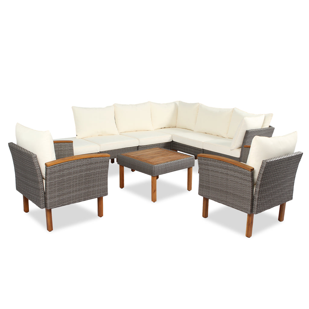Corner rattan patio sofa set with beige cushions and dark wicker chaise-style seats