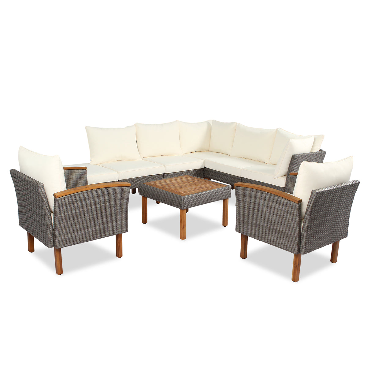 Corner rattan patio sofa set with beige cushions and dark wicker chaise-style seats