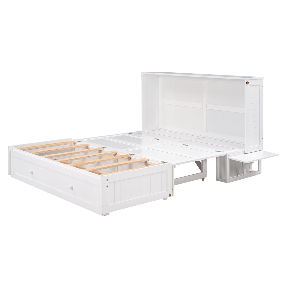 White queen Murphy bed opened to platform with storage drawer extended