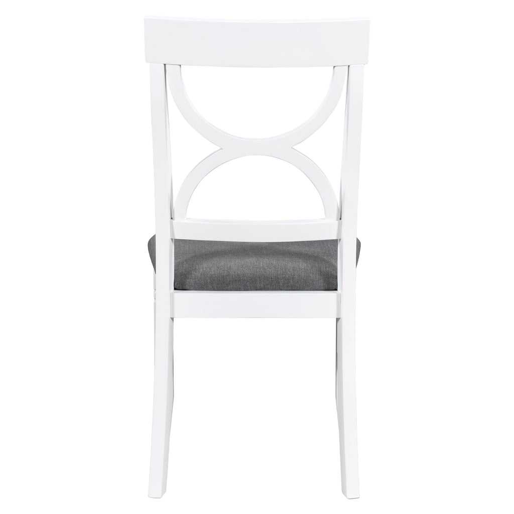 Upholstered dining chair with white spindle back and dark gray seat