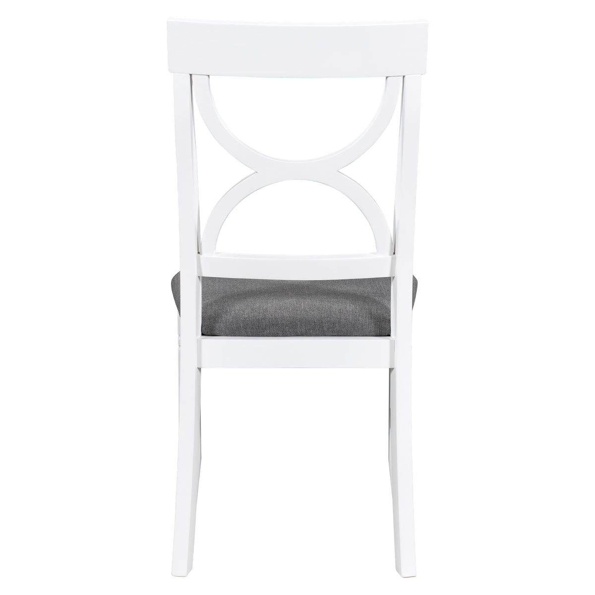 Upholstered dining chair with white spindle back and dark gray seat