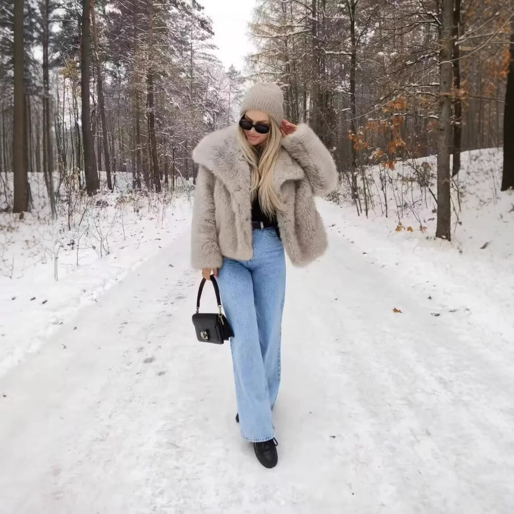 Light gray faux fur hooded jacket with wide collar, open front