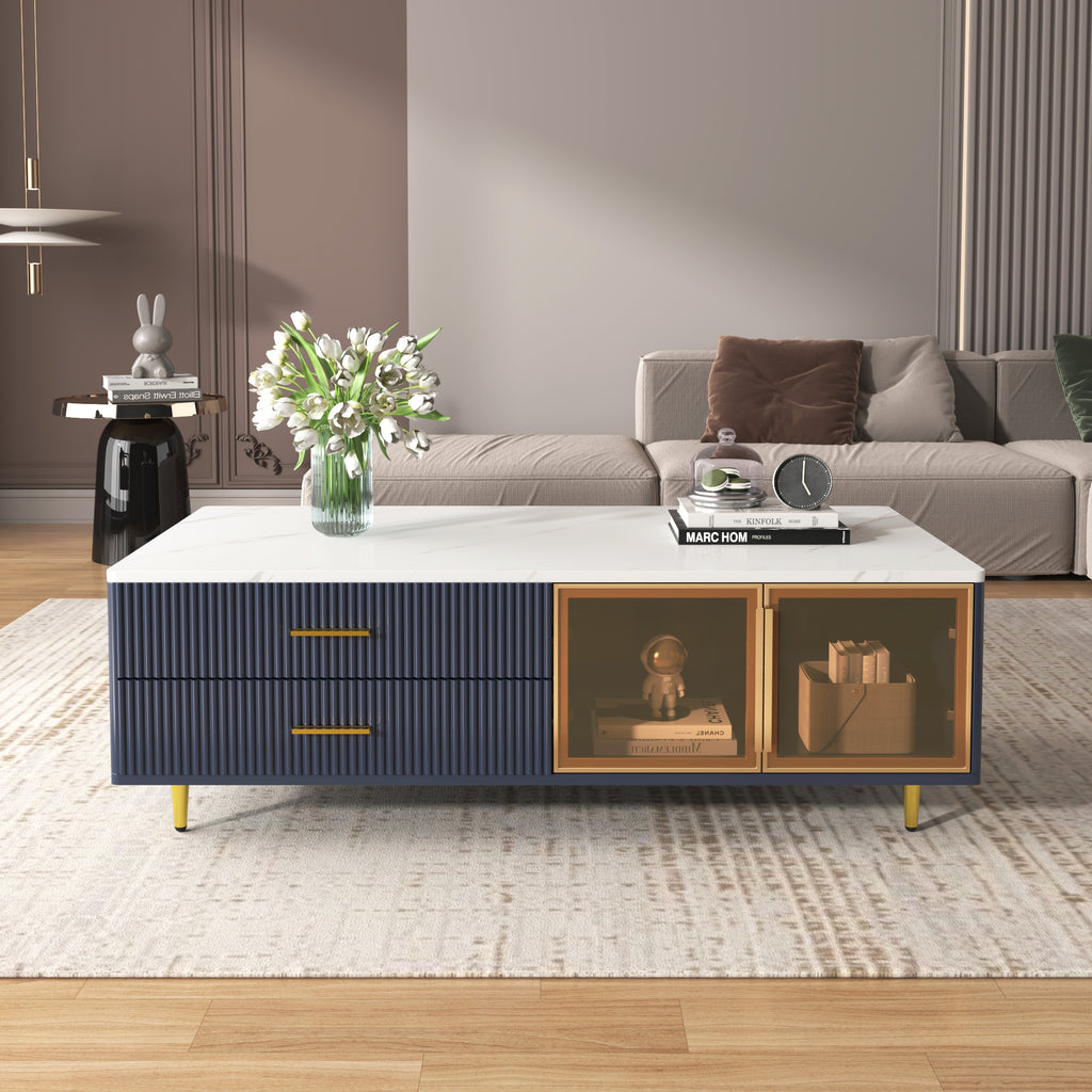 Navy coffee table with glass-door front panel, gold accents, and short gold legs