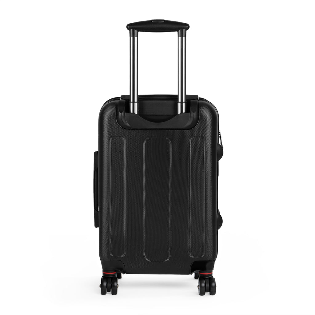 Black hard-shell suitcase with ribbed front, telescopic handle, and four spinner wheels