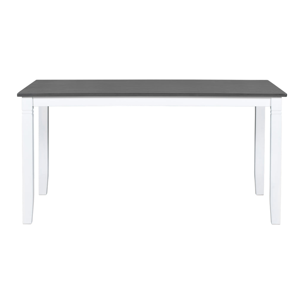 Dining table with dark gray top and white pedestal legs