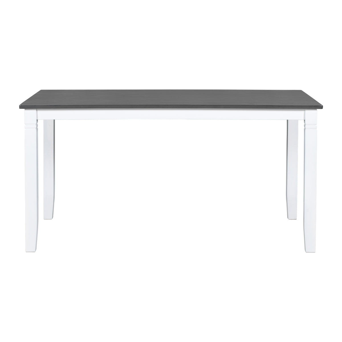 Dining table with dark gray top and white pedestal legs