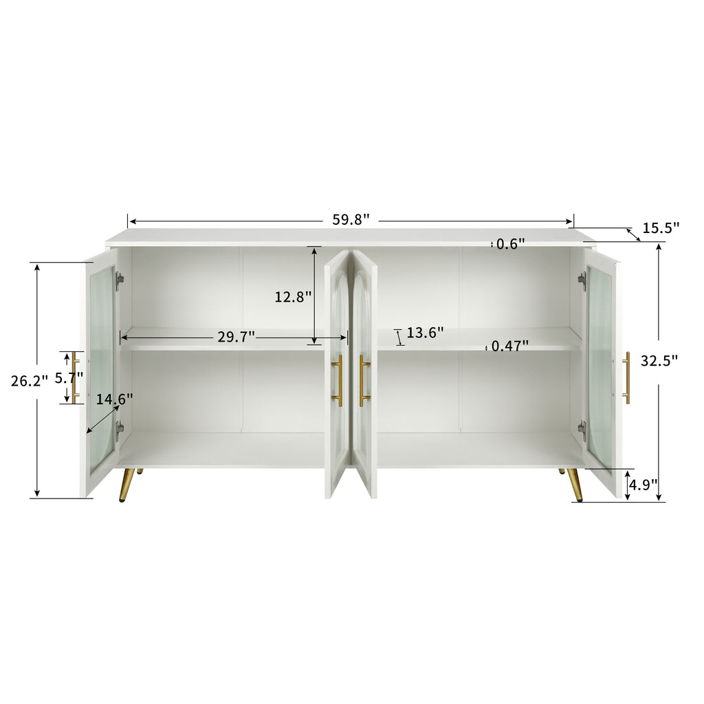 Antique white TV stand with open center cabinet showing adjustable shelving and storage