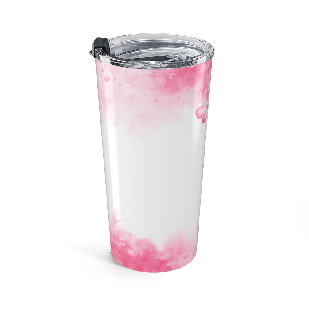 20oz white tumbler with pink floral splash design, clear lid and black clasp