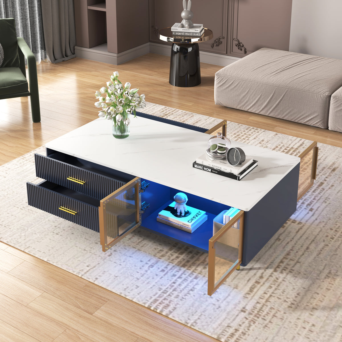 Navy coffee table showing open glass-door compartment with blue LED interior