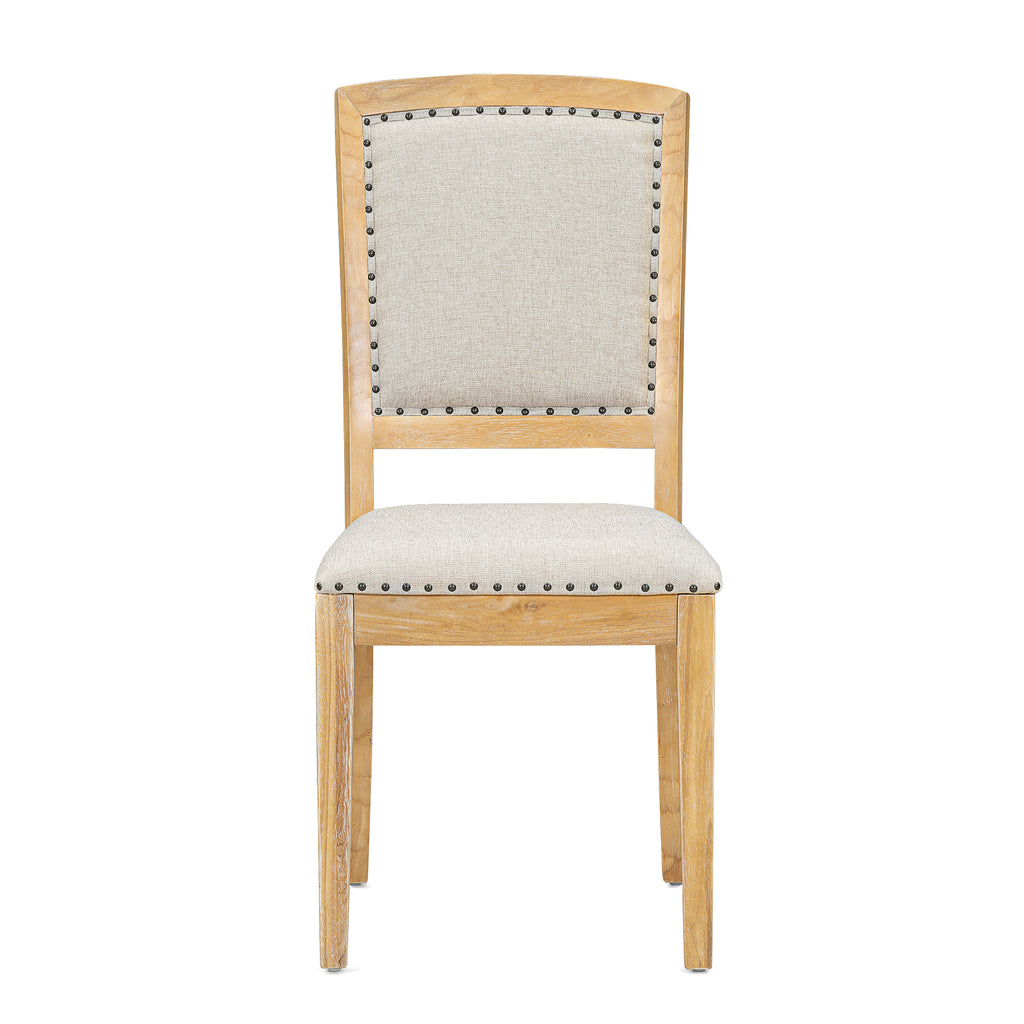 Natural wood dining chair with beige upholstered seat and tufted square back panel
