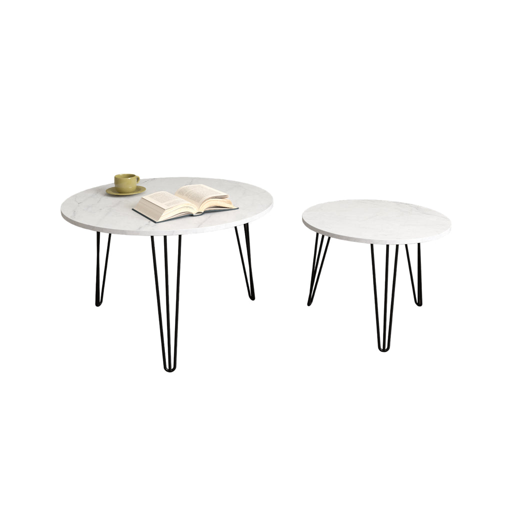White round nesting coffee tables set of 2 with black metal legs