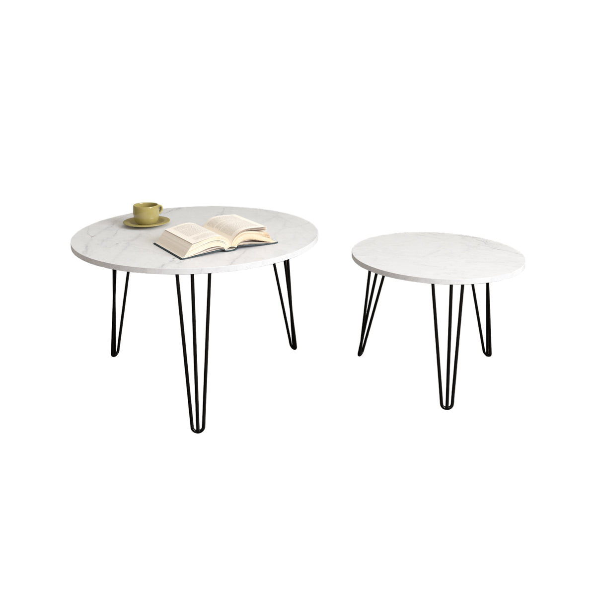 White round nesting coffee tables set of 2 with black metal legs