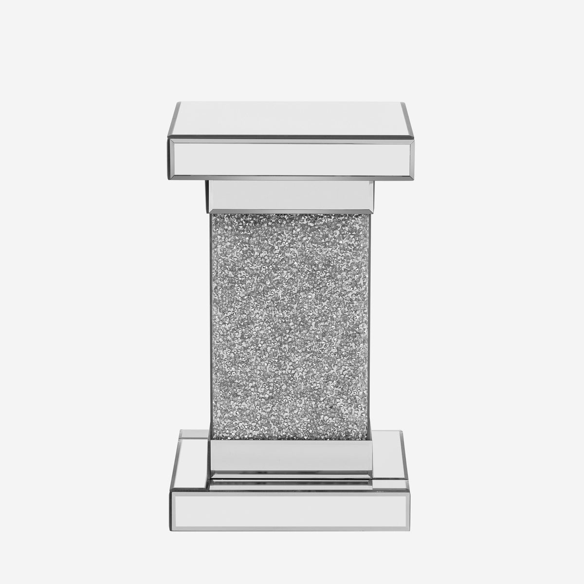Silver square mirror coffee table with shelf base and glitter side panels
