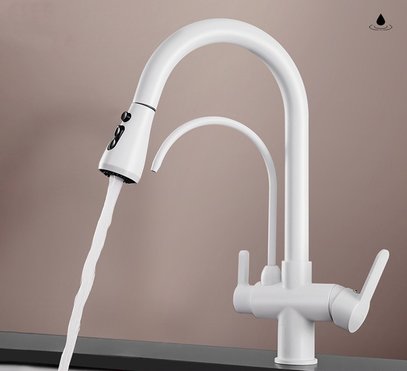White kitchen faucet with curved spout and pull-out sprayer, dual outlet design