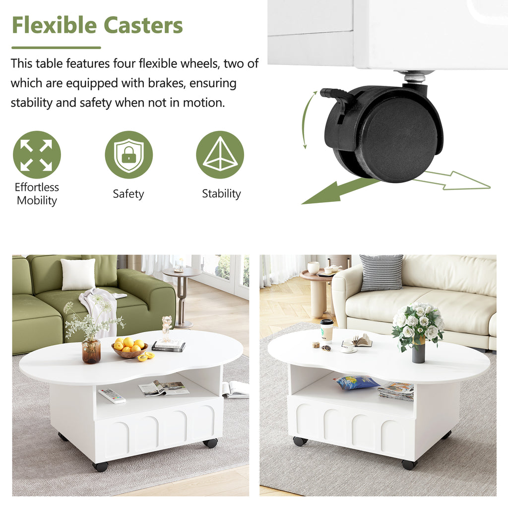 White coffee table on flexible casters with front drawer doors and open storage shelf