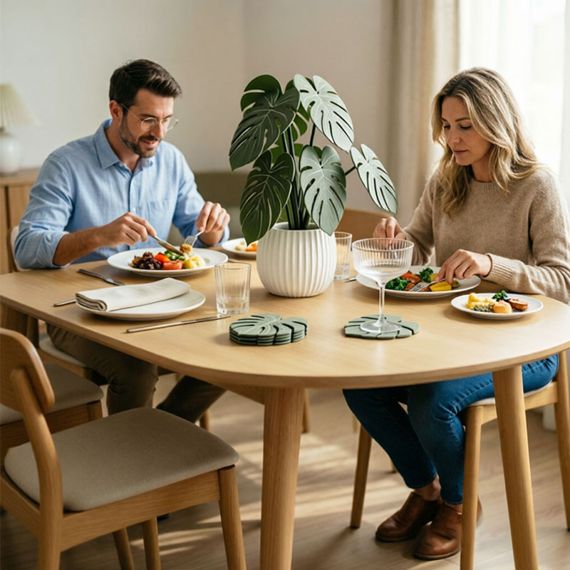 Green monstera leaf coasters on a dining table, with tabletop drinks and cups
