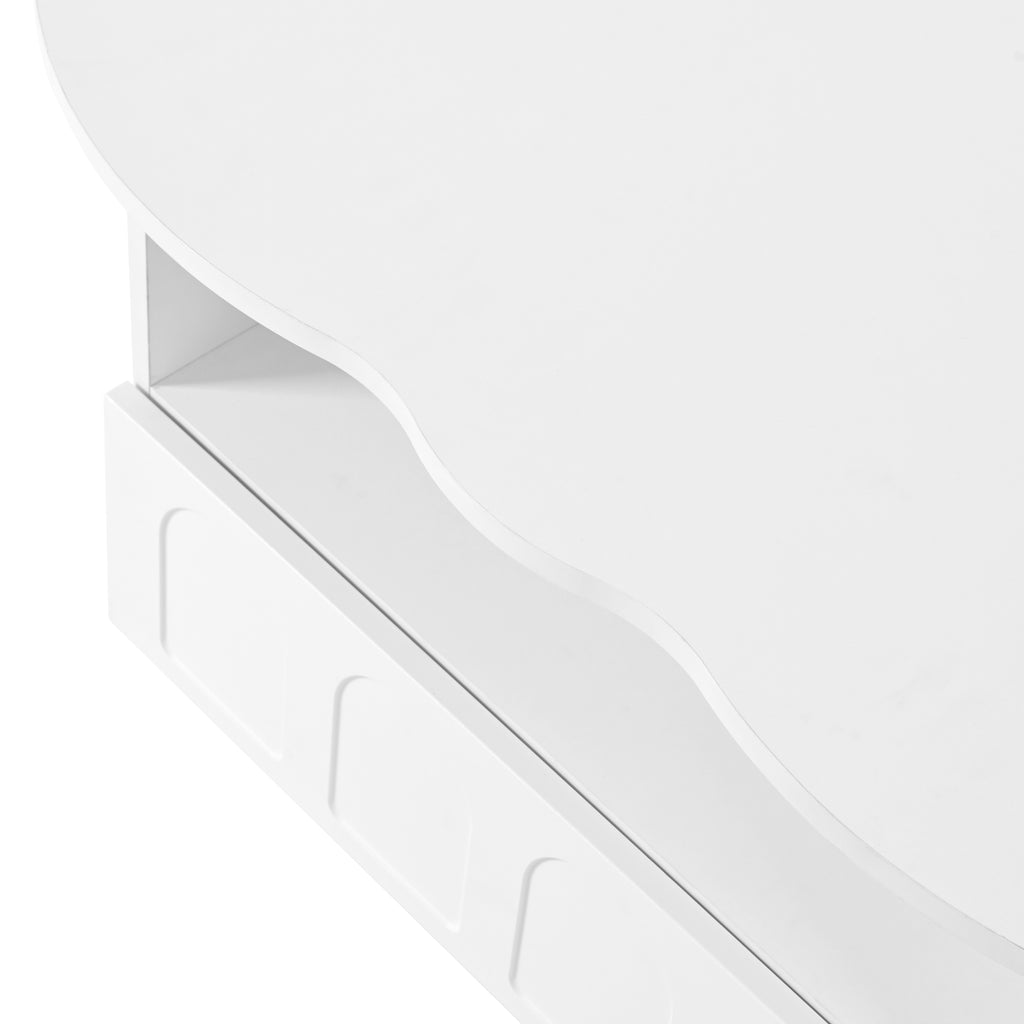 White coffee table corner detail: drawer rail and curved tabletop edge