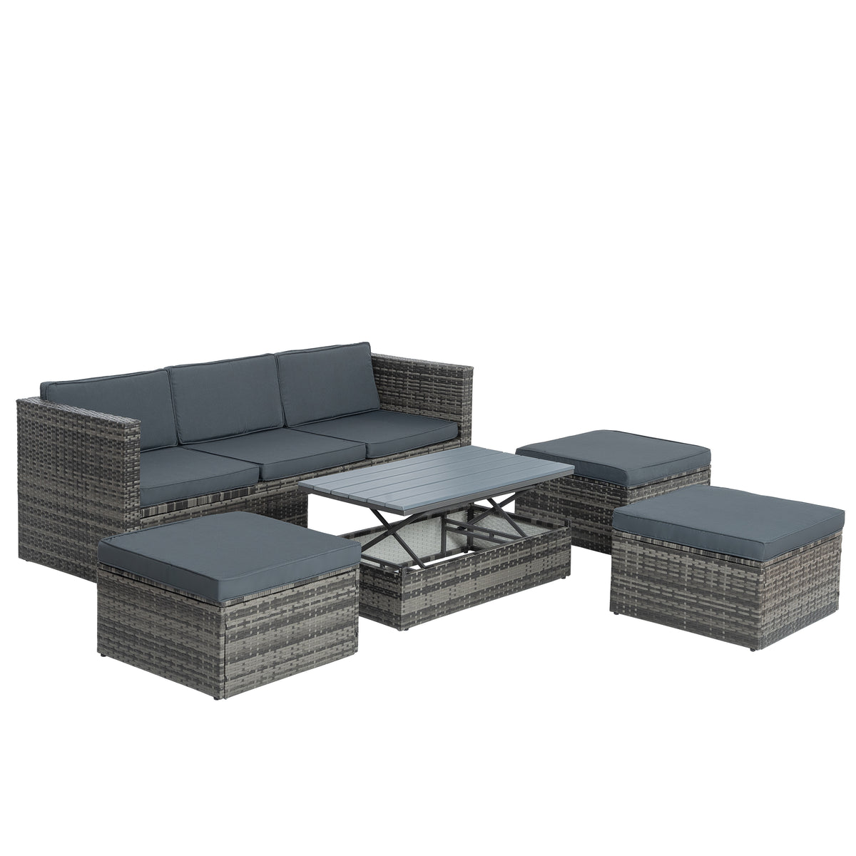 Dark gray outdoor wicker seating set with cushions, coffee table, and two ottomans