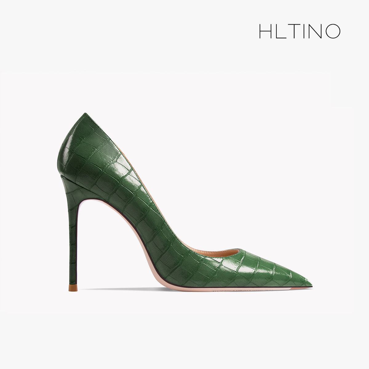 Patent leather pointed-toe high heel shoe, green croc-texture, side profile
