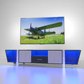 Black TV console with cabinet doors and blue-lit side panels beneath TV