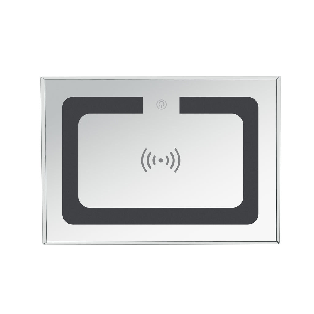 Rectangular mirror coffee table charging panel with wireless and power icons