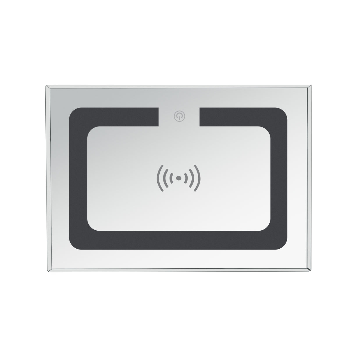Rectangular mirror coffee table charging panel with wireless and power icons