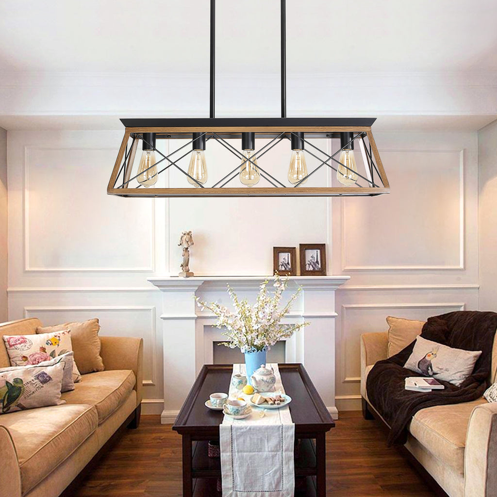 Rectangular 5-light chandelier with black frame and walnut details centered above coffee table